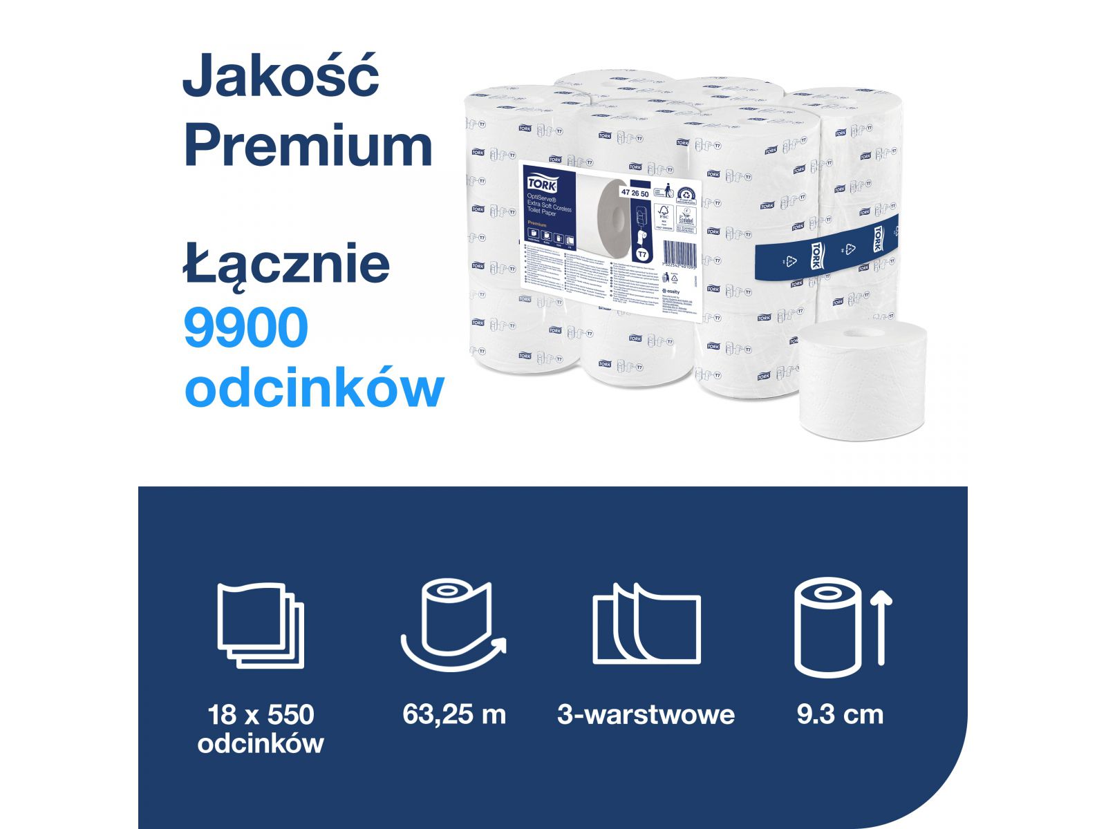 Papier toaletowy bez gilzy Tork OptiServe 472650 T7 Premium x18